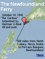 The Newfoundland ferry Caribou was torpedoed by U-boat U-69 on October 14, 1942, during the critical period of the Battle of the Atlantic. 147 passengers and crew died.